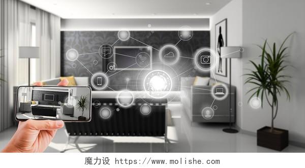 灰色科技感客厅白色线条手持手机手部智能家居展板背景